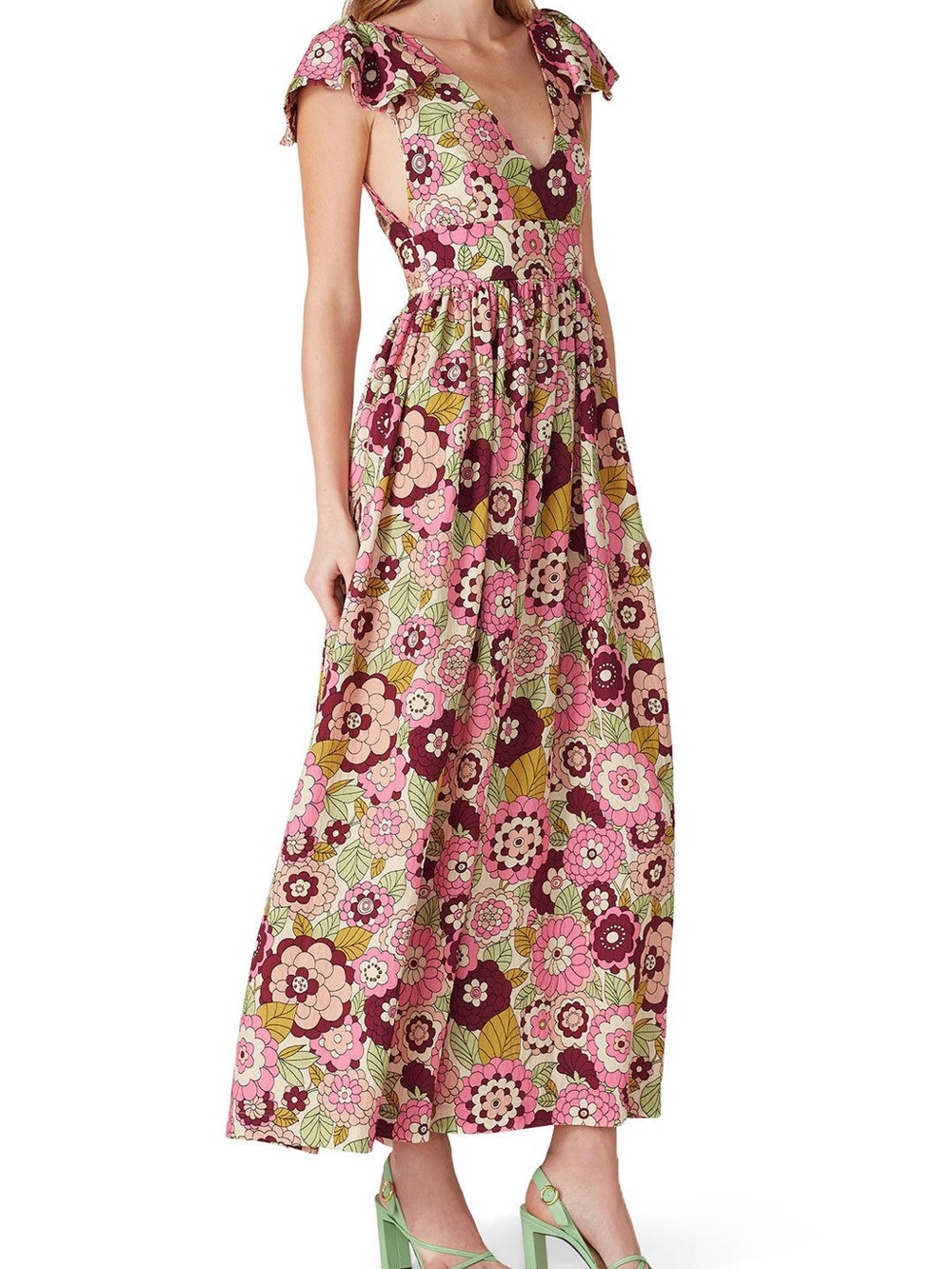 DODO BAR OR "Jenny" Floral Flutter-Sleeve Maxi Dress | Pink & Green | Size XS - Picture 14 of 16